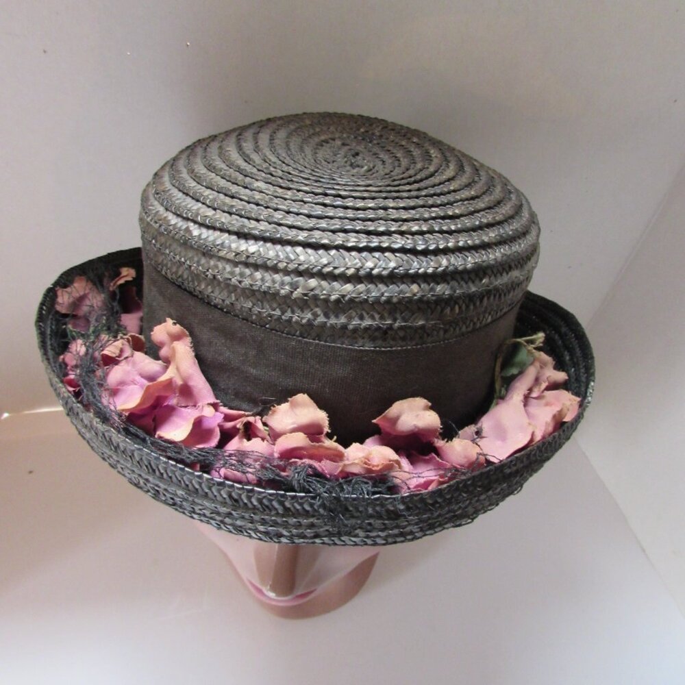 Vintage Black Straw Hat Pink Petal Swag
